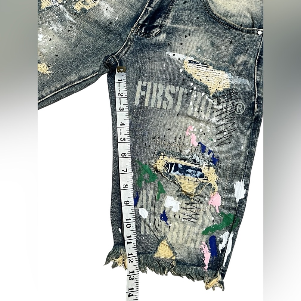 First Row Distressed Ripped Denim Jean Shorts Men’s Paint Splatter Jorts size 30 - Picture 5 of 12